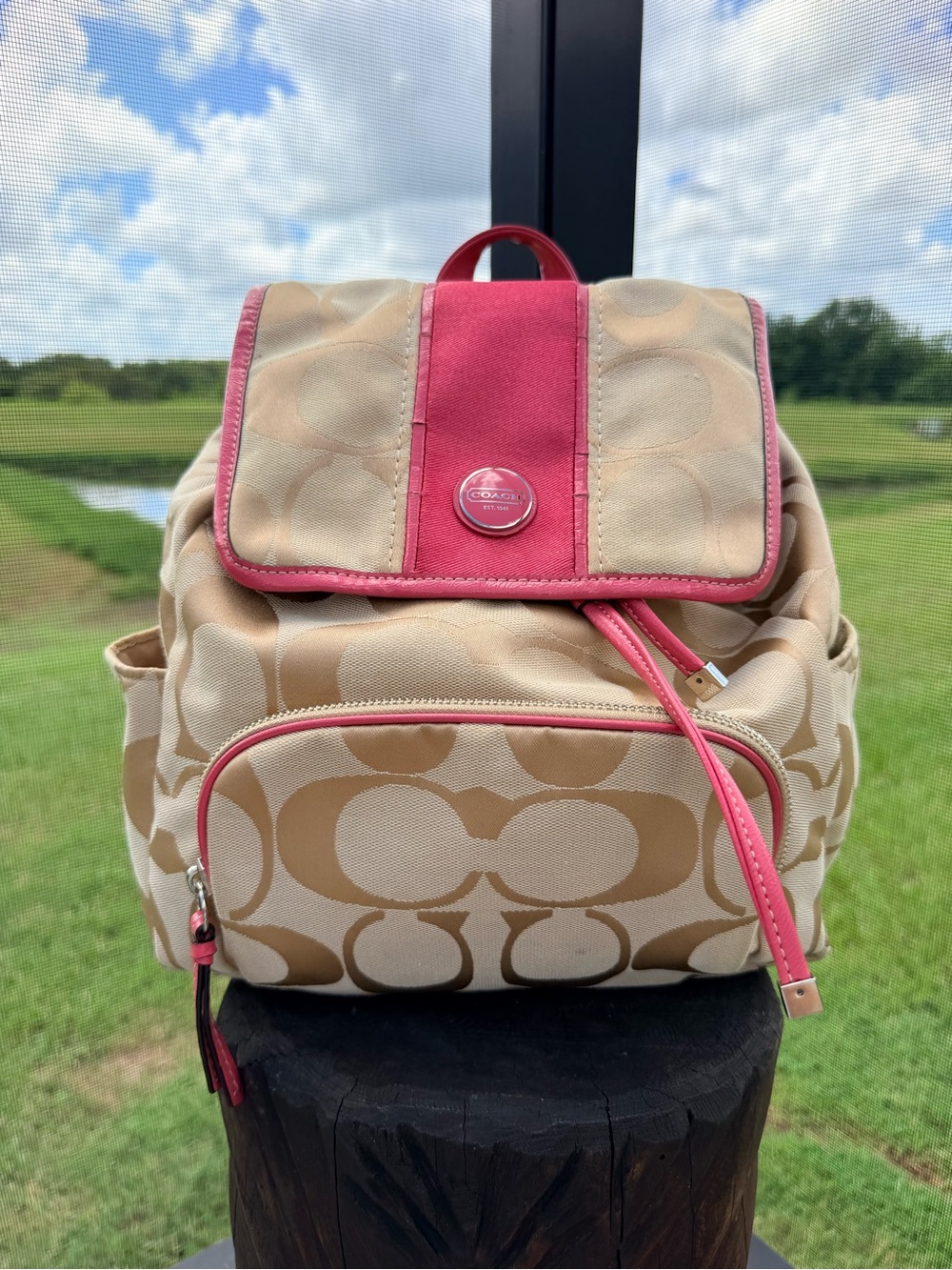 Coach F21928 Signature Stripe Backpack Khaki Pink Coral Y2K Jacquard